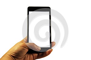 Female hand holding black modern smart phone with blank screen