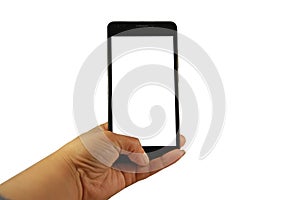 Female hand holding black modern smart phone with blank screen