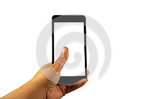 Female hand holding black modern smart phone with blank screen