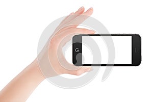 Female hand holding black smart phone in landscape orientation photo