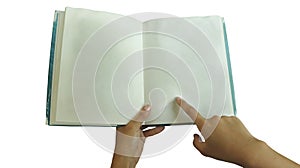 Female Hand Holding Blank Book/ Pointing Finger on White Background - Shrivelled Paper Texture/ Blue Hardcover