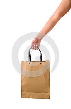 Female hand holding blank brown papaer shopping bags