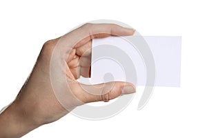 Female hand holding a blank business card