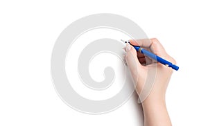 Female hand holding a blue pencil, isolated on white background. File contains a path to isolation