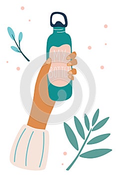 Female hand holding bottle of water. The concept of fitness and without plastic. Zero waste. Nature Conservation. Bring your own