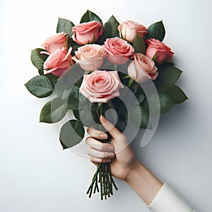 Female hand holding bouquet of roses on white background