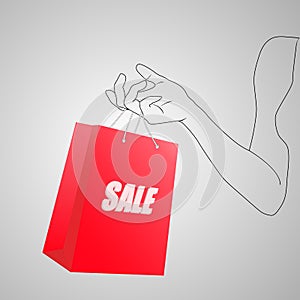Female hand holding bright red shopping bag. A paper package with text sale in painted hand of young woman. 3D Vector illustration