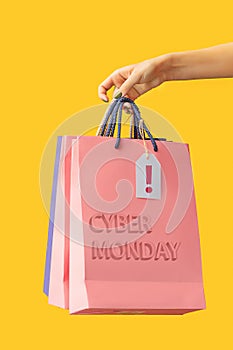 Female hand holding bright shopping bags