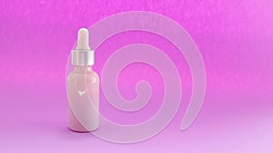Female hand holding cosmetic pipette with natural remedy in a glass bottle on a pink background.