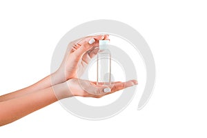 Female hand holding cream bottle of lotion isolated. Girl give tube cosmetic products on white background