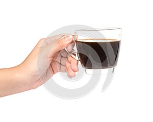 Female hand holding cup of coffe on white