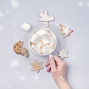 Female Hand Holding Cup of Hot Cocoa or Chocolate with Marshmallow Light Blue Background Homemade Gingerbread Cookies Top View Fla