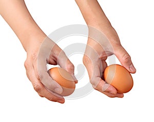Female hand holding egg on white background