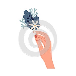 Female hand holding elegant small boutonniere of delicate wild flowers isolated on white background. Beautiful summer