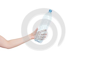 Female hand holding empty plastic bottle isolated on white. Recyclable waste. Recycling, reuse, garbage disposal