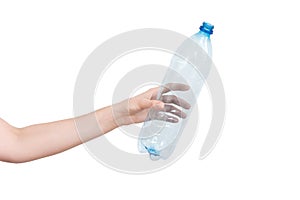 Female hand holding empty plastic bottle isolated on white. Recyclable waste. Recycling, reuse, garbage disposal, resources, envir