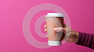 Female hand holding empty white blank paper cup of coffee with a cap. Isolated on magenta background with copy space