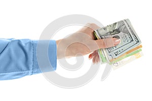 Female hand holding euro and dollar currency isolated on white background with clipping path.