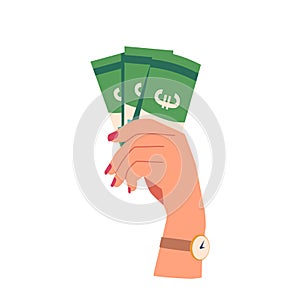 Female Hand Holding Euro Paper Currency Bills. Businesswoman Palm with Money Cash Design Element Isolated on White