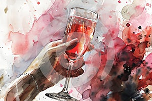 Female hand holding flute of rose champagne against the painted multicolor background in a vintage style. Creative composition