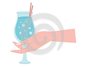 Female Hand holding a glass of soda or alcoholic cocktail with a straw. Vector isolated flat arm illustration.