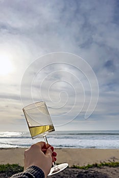 Female hand holding glass of the white whine