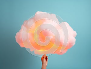 Female hand holding a glowing cloud against light blue background.