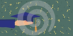 Female hand holding graduation cap on background of confetti, copy space. Vector illustration
