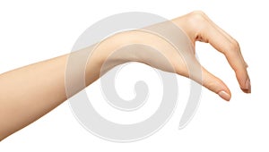 Female hand holding invisible object isolated on white background
