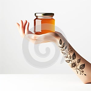 Female hand holding a jar of sweet honey. Healthy foods. AI generated