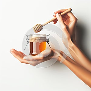 Female hand holding a jar of sweet honey. Healthy foods. AI generated