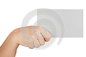 Female Hand Holding Large Blank Card Isolated