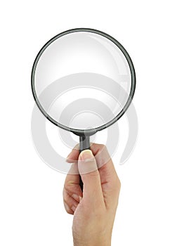 Female hand holding magnifying glass isolated on white transparent background, top view