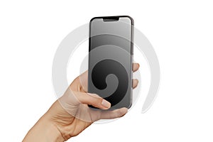 Female hand holding modern mobile phone with black isolated at white background. Cellphone mockup