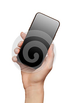 Female hand holding modern mobile phone with black screen isolated at white background. Cellphone mockup. Vertical image