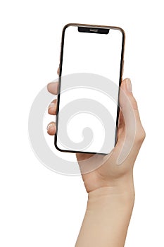 Female hand holding modern mobile phone with blank screen isolated at white background. Cellphone mockup