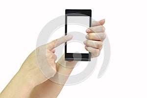 Female hand holding modern smart phone with white screen on whit