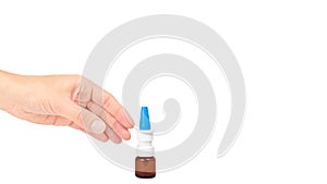 female hand holding nose spray bottle. Isolated on white background. copy space, template