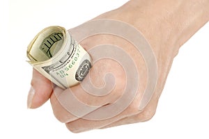 Female hand holding one hundred dollar bill