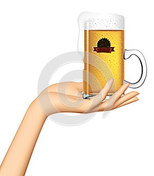 Female hand holding on the palm a glass mug with a beer and label isolated on white