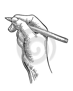 Female hand holding a pencil. Vector black vintage engraving