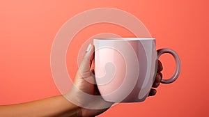 Female hand holding a pink cup of coffee on background