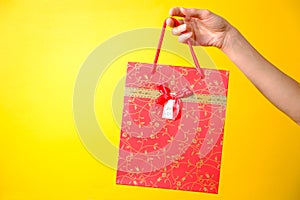 Female hand holding red bag on yellow background