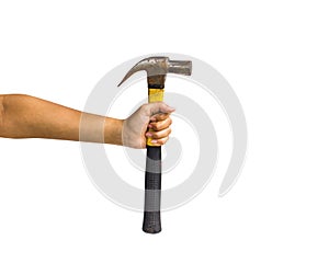 A female hand holding rusty hammer isolated on white background
