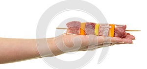 Female hand holding skewer with slices raw meat and vegetables.