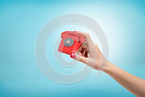 Female hand holding small red old fashioned telephone between her fingers on blue background