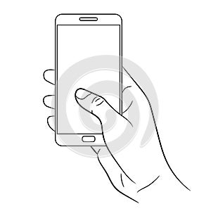 Female hand holding a smart phone on white of monochr
