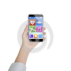 Female hand holding smartphone with app icons