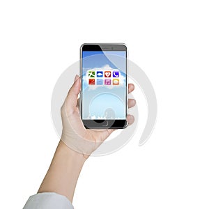 Female hand holding smartphone with app icons white cloud