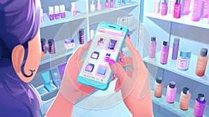 Female hand holding smartphone with beauty products internet shopping app as she chooses cosmetic makeup and body care